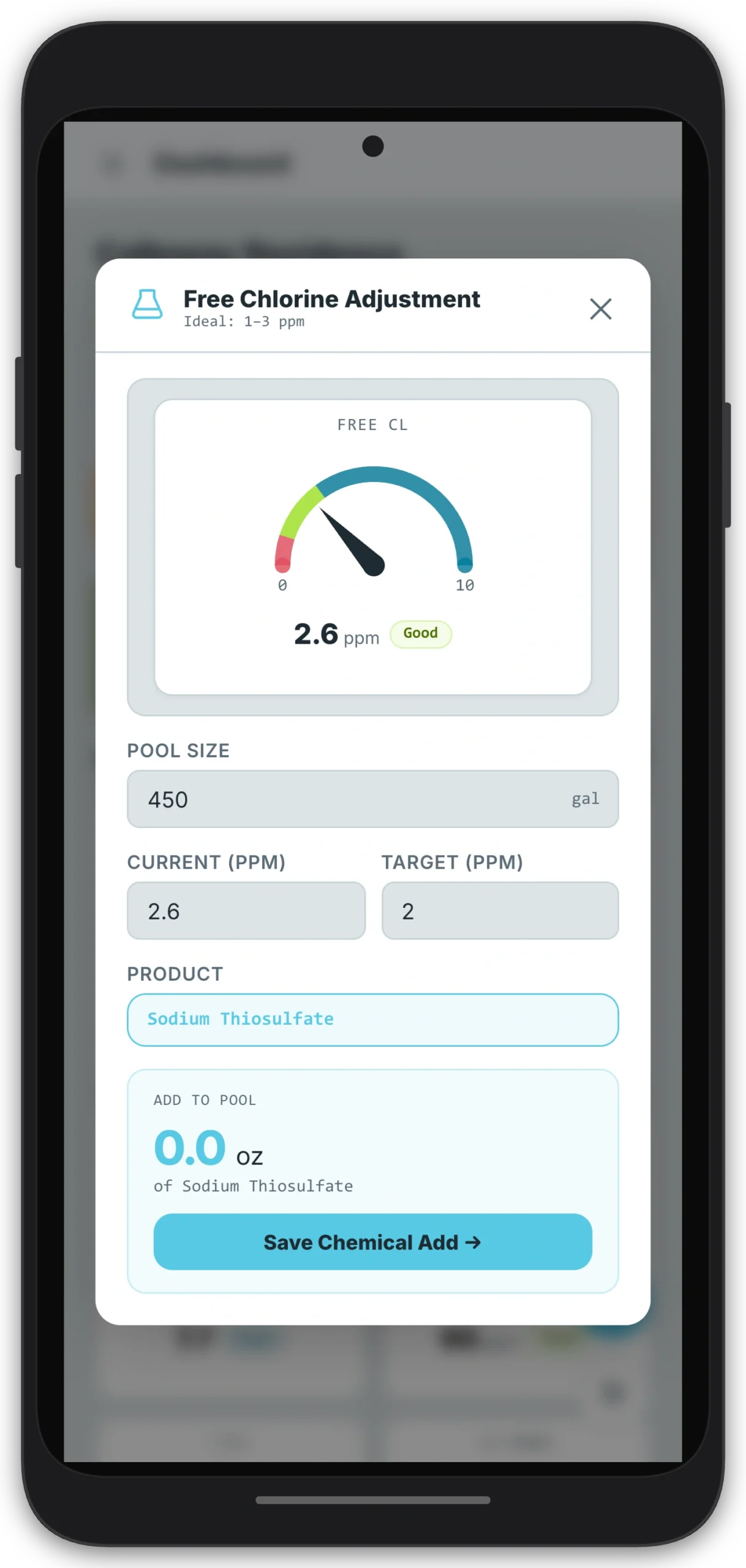 FlowBeacon Chemical Adjustment modal